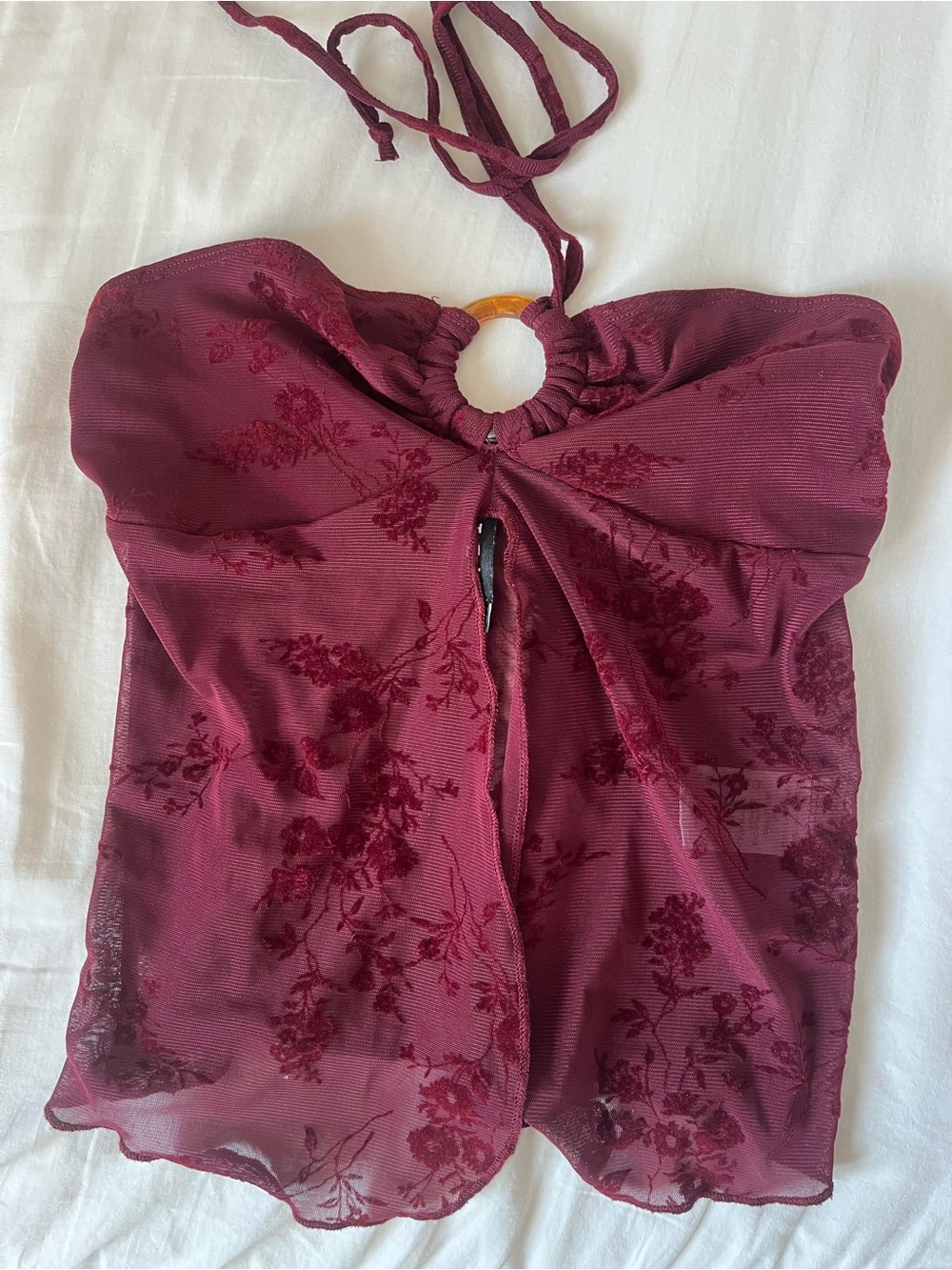 Motel Rocks Burgundy Floral Halter Camisole with Ring Detail